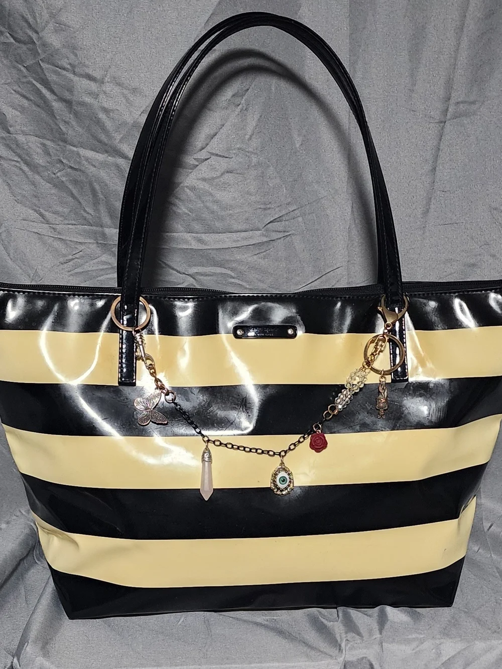 Kate Spade Large Black & Ivory Striped Tote Bag Purse Pool Bag